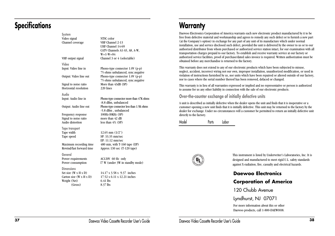 Warranty, Specifications | Daewoo DV-T5DN User Manual | Page 22 / 22