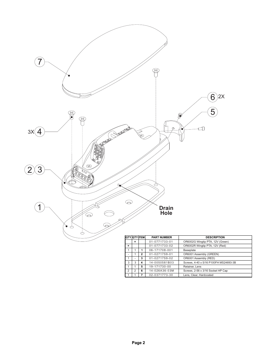 Drain hole, 3x 2x | Whelen OR6001G User Manual | Page 2 / 2