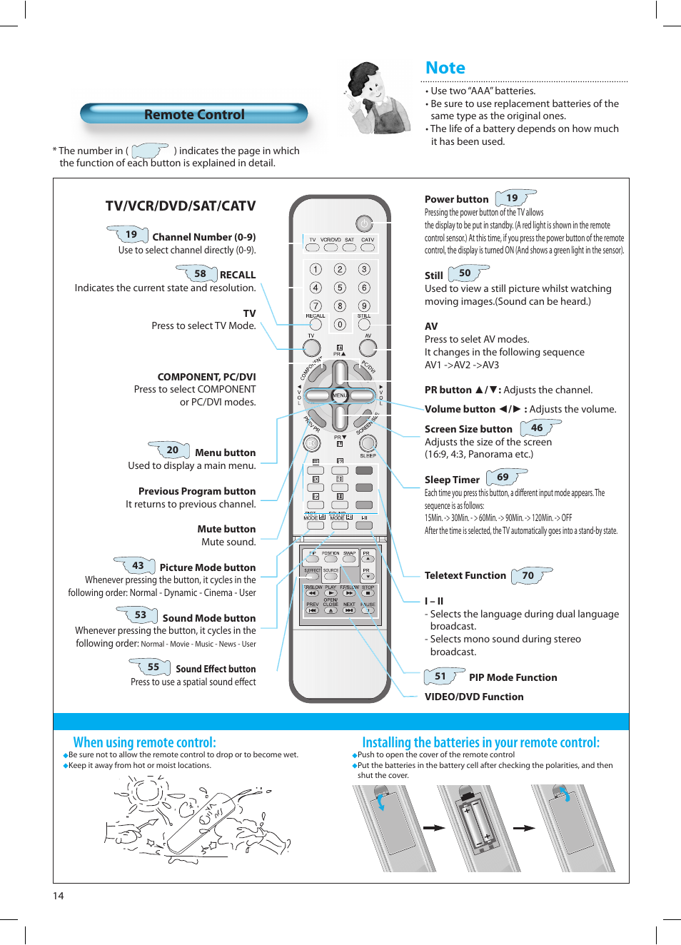 When using remote control, Installing the batteries in your remote control, Remote control | Tv/vcr/dvd/sat/catv | Daewoo DT-42A1 User Manual | Page 13 / 72