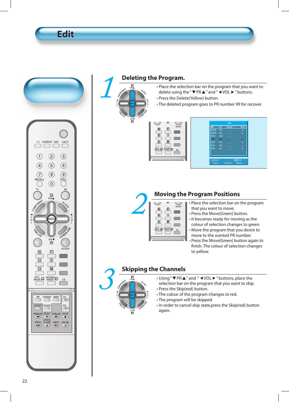 Edit, Deleting the program, Moving the program positions | Skipping the channels | Daewoo DT-42A1 User Manual | Page 21 / 72