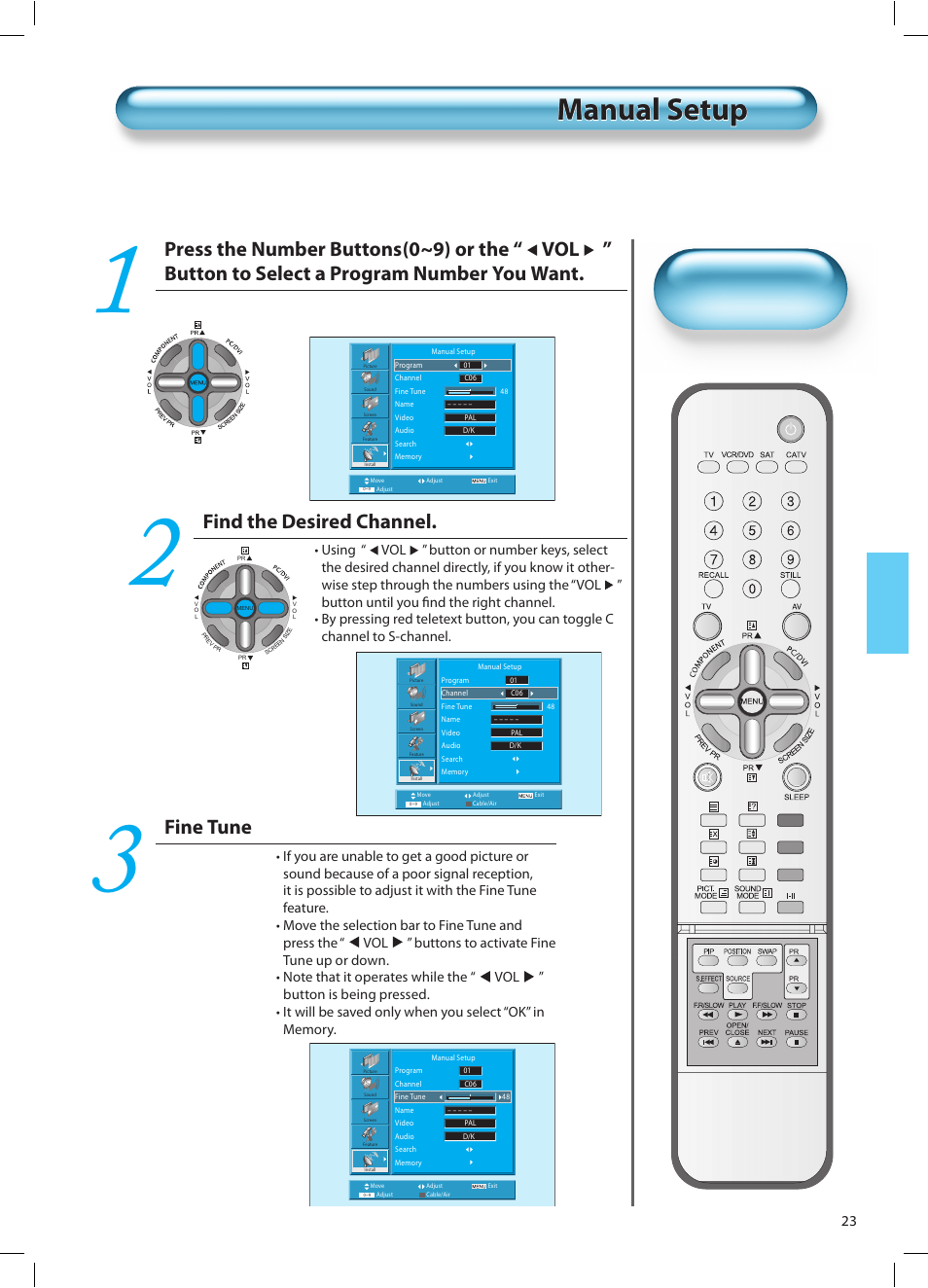 Manual setup, Find the desired channel, Fine tune | Daewoo DT-42A1 User Manual | Page 22 / 72