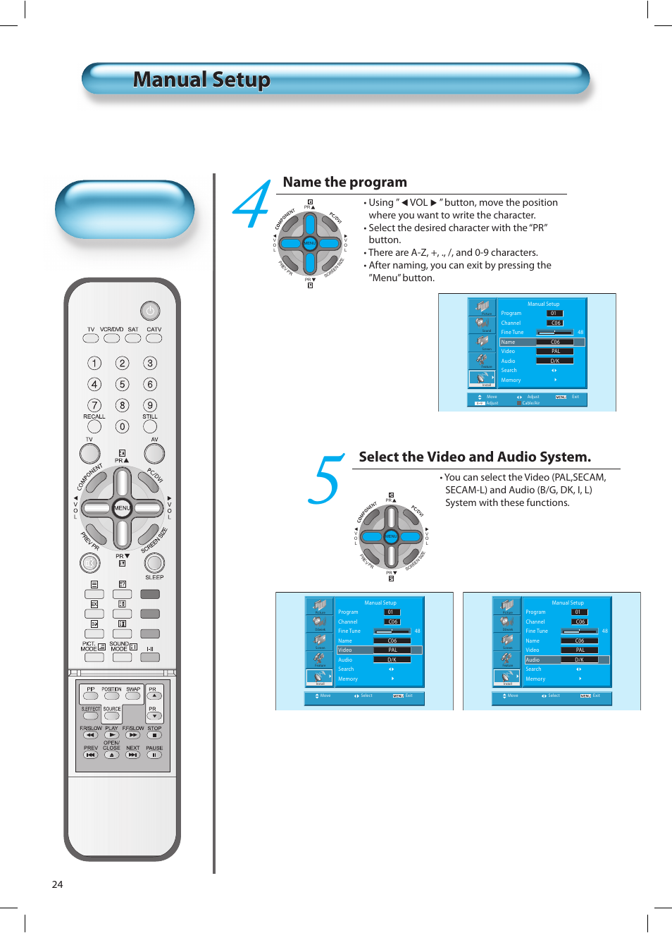 Manual setup, Select the video and audio system, Name the program | Daewoo DT-42A1 User Manual | Page 23 / 72