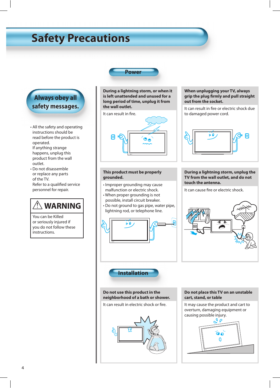 Safety precautions, Warning, Always obey all safety messages | Daewoo DT-42A1 User Manual | Page 3 / 72