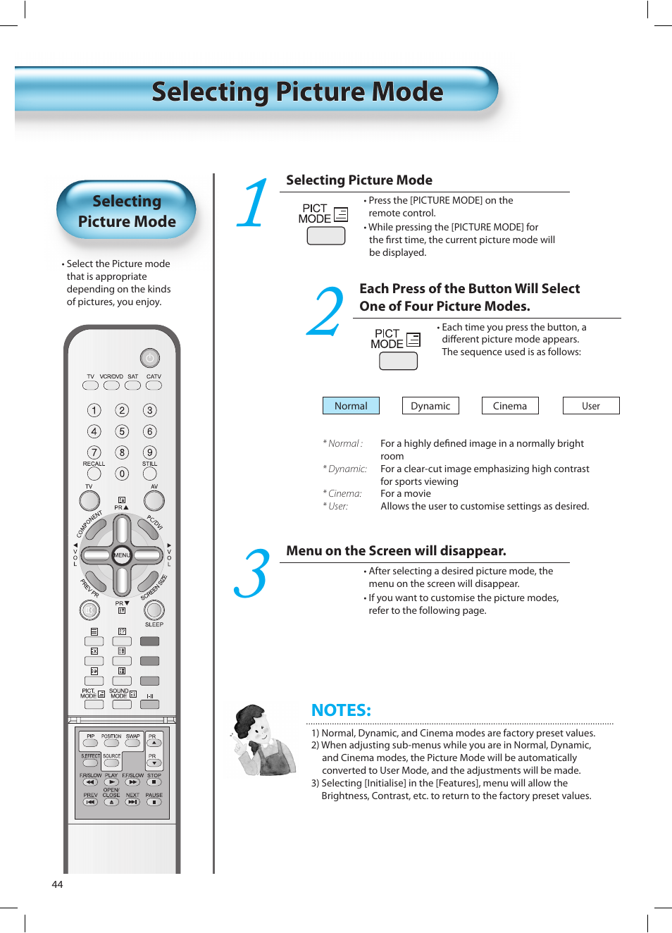 Selecting picture mode | Daewoo DT-42A1 User Manual | Page 43 / 72