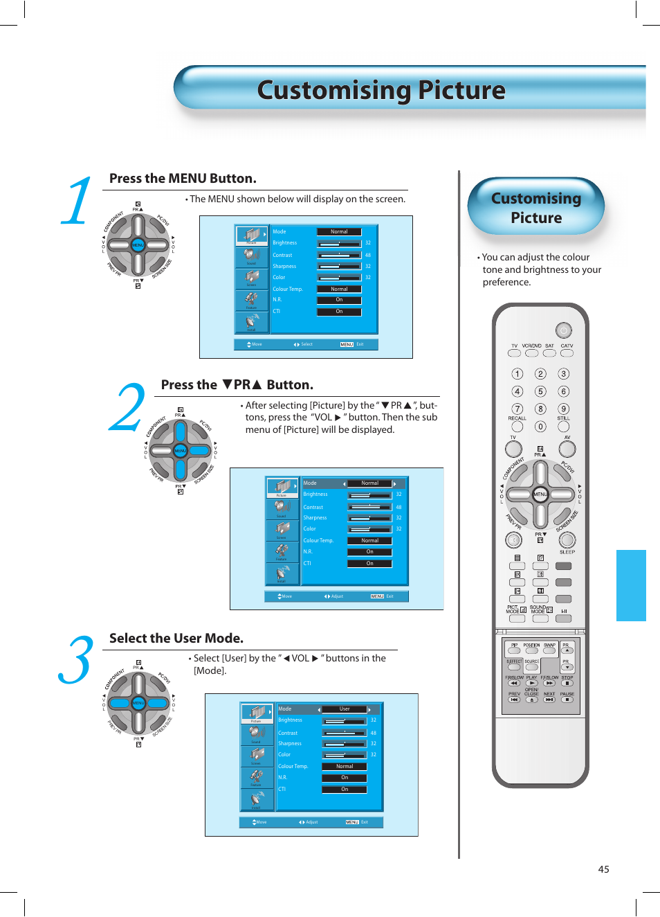 Customising picture, Press the menu button, Press the | Button, Select the user mode | Daewoo DT-42A1 User Manual | Page 44 / 72