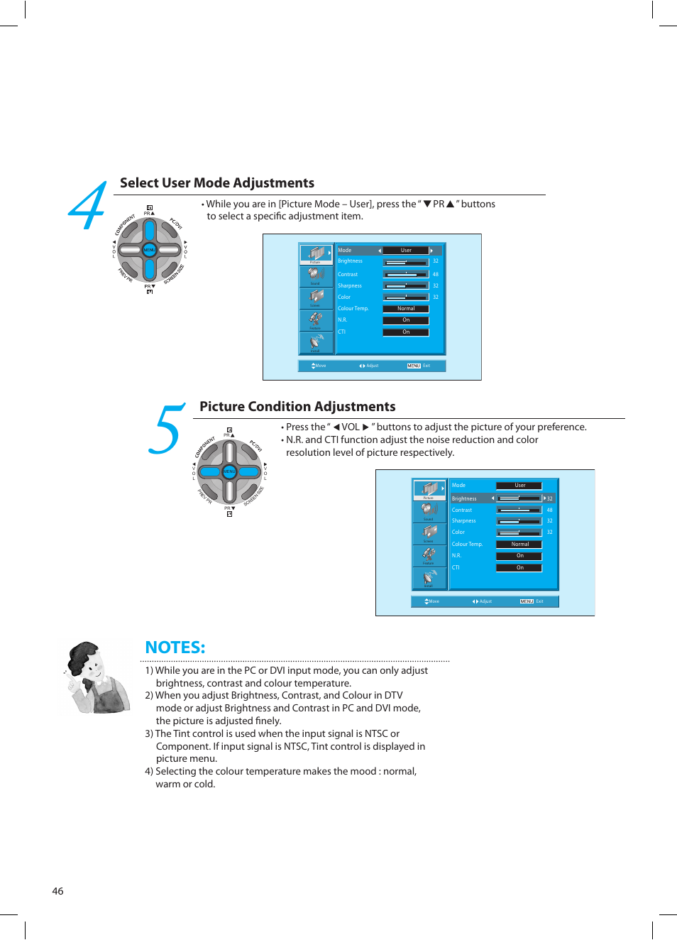 Select user mode adjustments, Picture condition adjustments | Daewoo DT-42A1 User Manual | Page 45 / 72