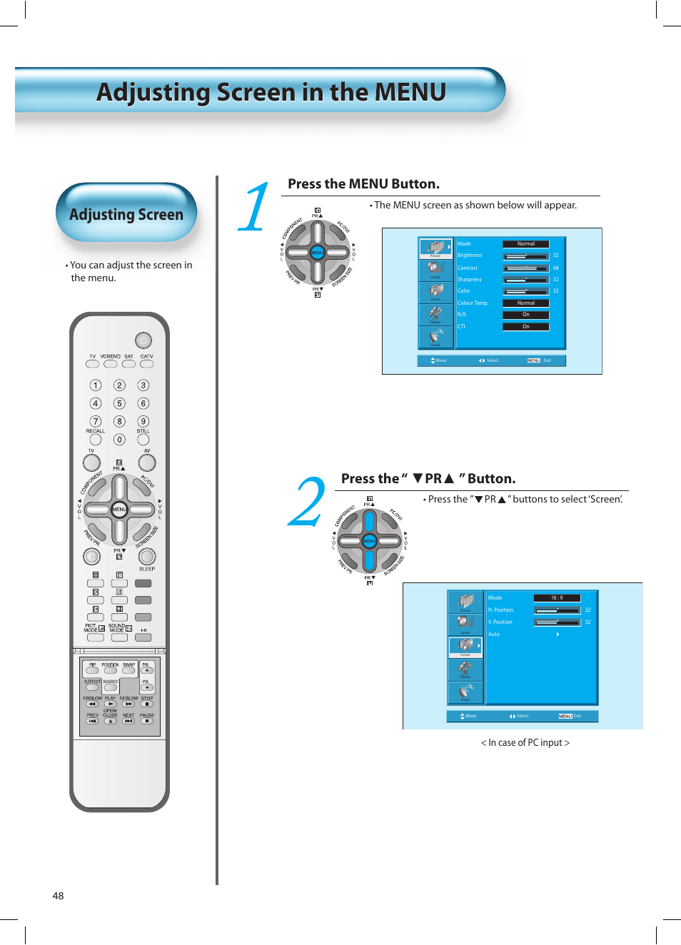 Adjusting screen, Press the menu button, Press the “ ▼pr▲ ” button | Daewoo DT-42A1 User Manual | Page 47 / 72