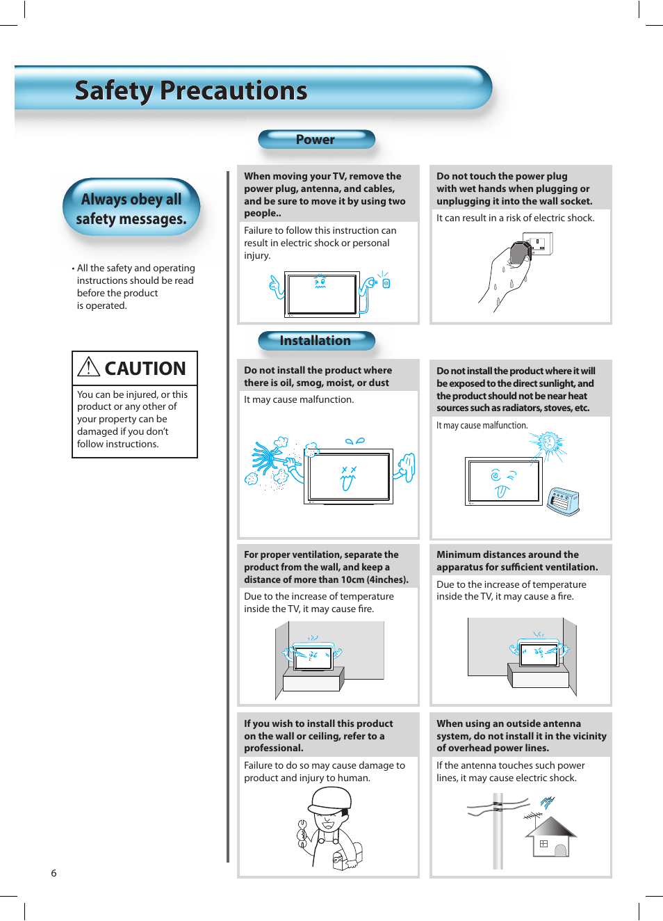 Safety precautions, Caution, Always obey all safety messages | Daewoo DT-42A1 User Manual | Page 5 / 72