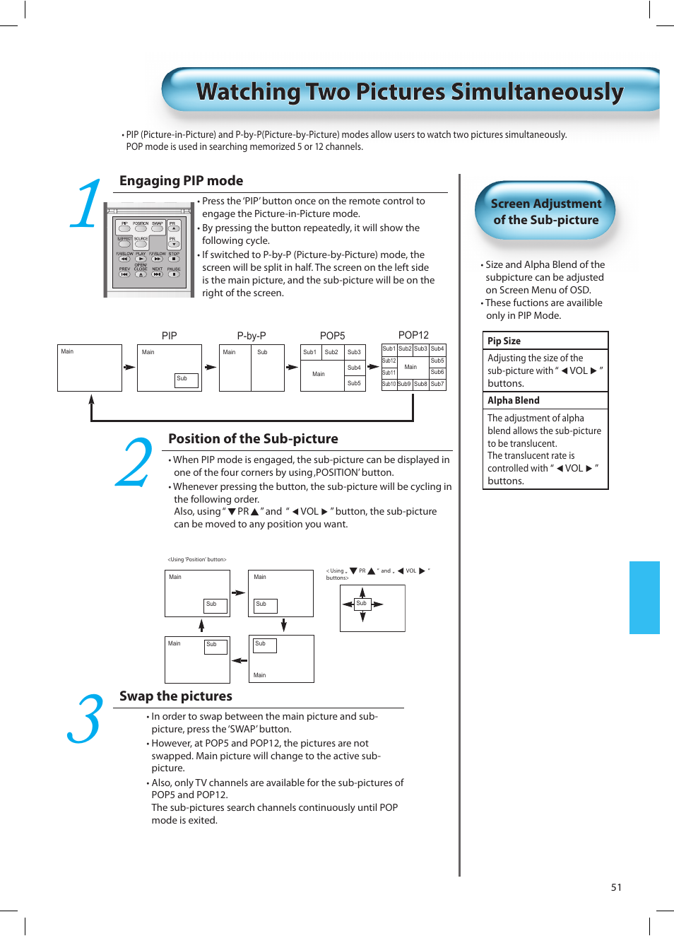 Watching two pictures simultaneously, Engaging pip mode, Position of the sub-picture | Swap the pictures | Daewoo DT-42A1 User Manual | Page 50 / 72