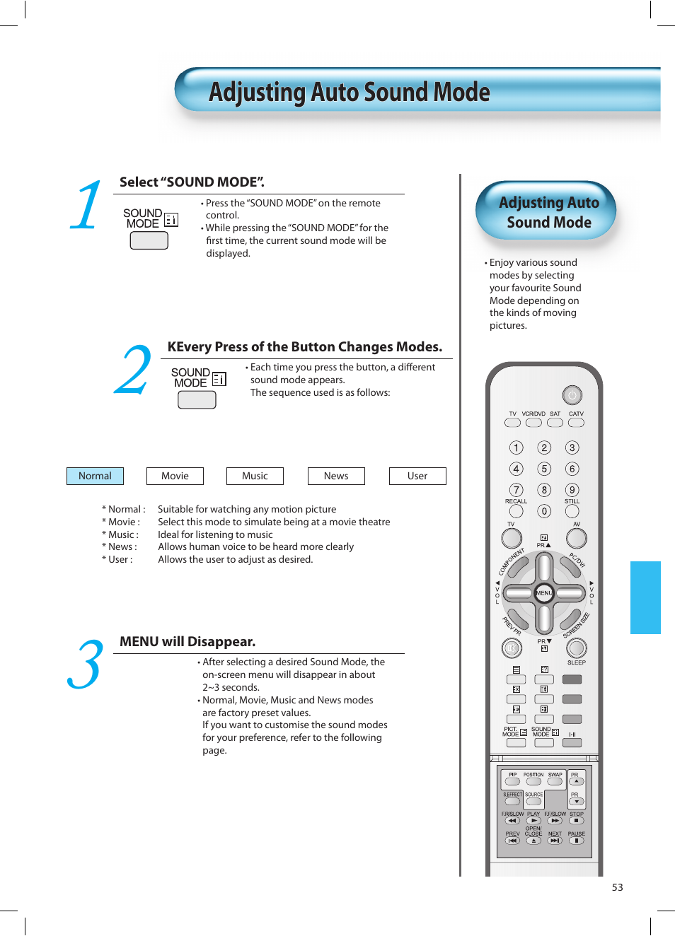 Adjusting auto sound mode | Daewoo DT-42A1 User Manual | Page 52 / 72