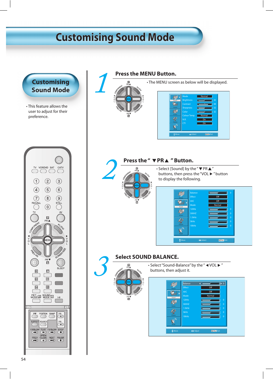 Customising sound mode customising sound mode, Customising sound mode, Press the menu button | Press the “ pr ” button, Select sound balance | Daewoo DT-42A1 User Manual | Page 53 / 72