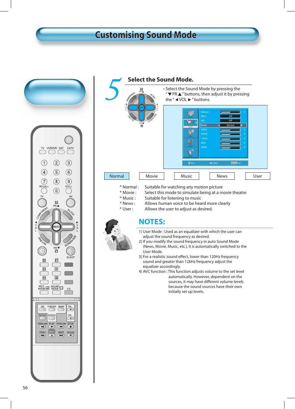 Customising sound mode, Select the sound mode | Daewoo DT-42A1 User Manual | Page 55 / 72