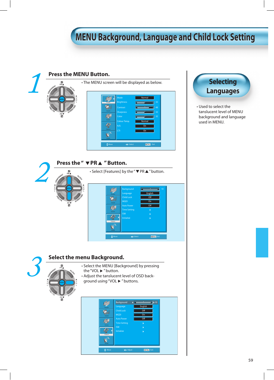 Menu background, language and child lock setting, Selecting languages, Press the menu button | Press the “ pr ” button, Select the menu background | Daewoo DT-42A1 User Manual | Page 58 / 72