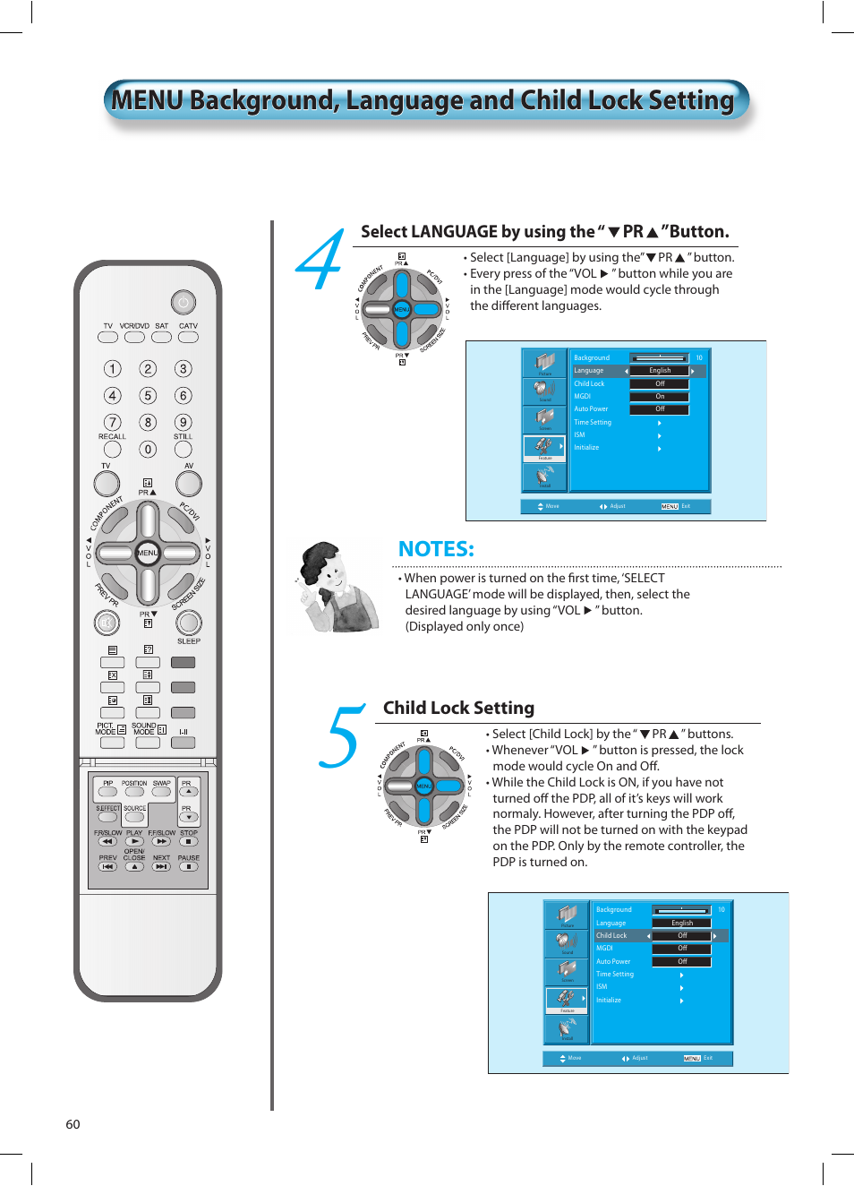 Menu background, language and child lock setting, Pr ”button, Child lock setting | Select language by using the | Daewoo DT-42A1 User Manual | Page 59 / 72