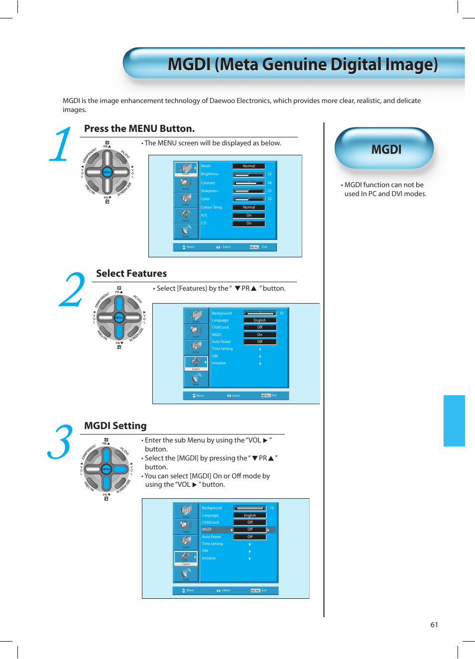 Mgdi (meta genuine digital image), Mgdi, Press the menu button | Select features, Mgdi setting | Daewoo DT-42A1 User Manual | Page 60 / 72