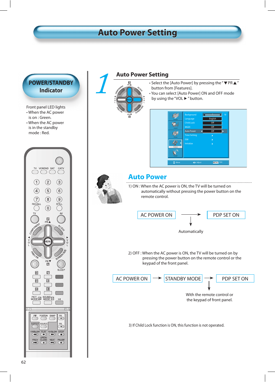 Auto power, Auto power setting, Power/standby indicator | Daewoo DT-42A1 User Manual | Page 61 / 72