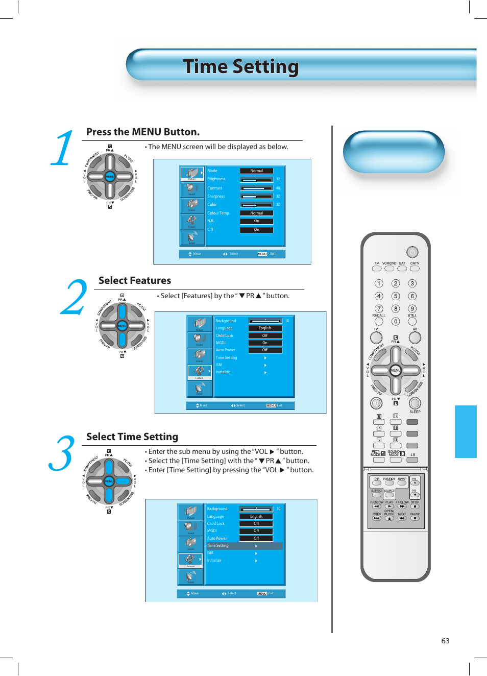 Time setting, Press the menu button, Select features | Select time setting | Daewoo DT-42A1 User Manual | Page 62 / 72