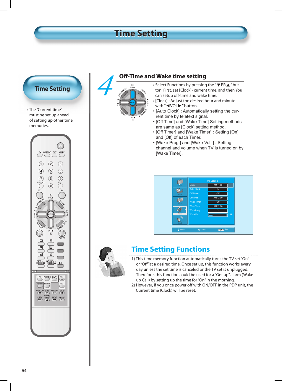 Time setting, Time setting functions, Oﬀ-time and wake time setting | Daewoo DT-42A1 User Manual | Page 63 / 72