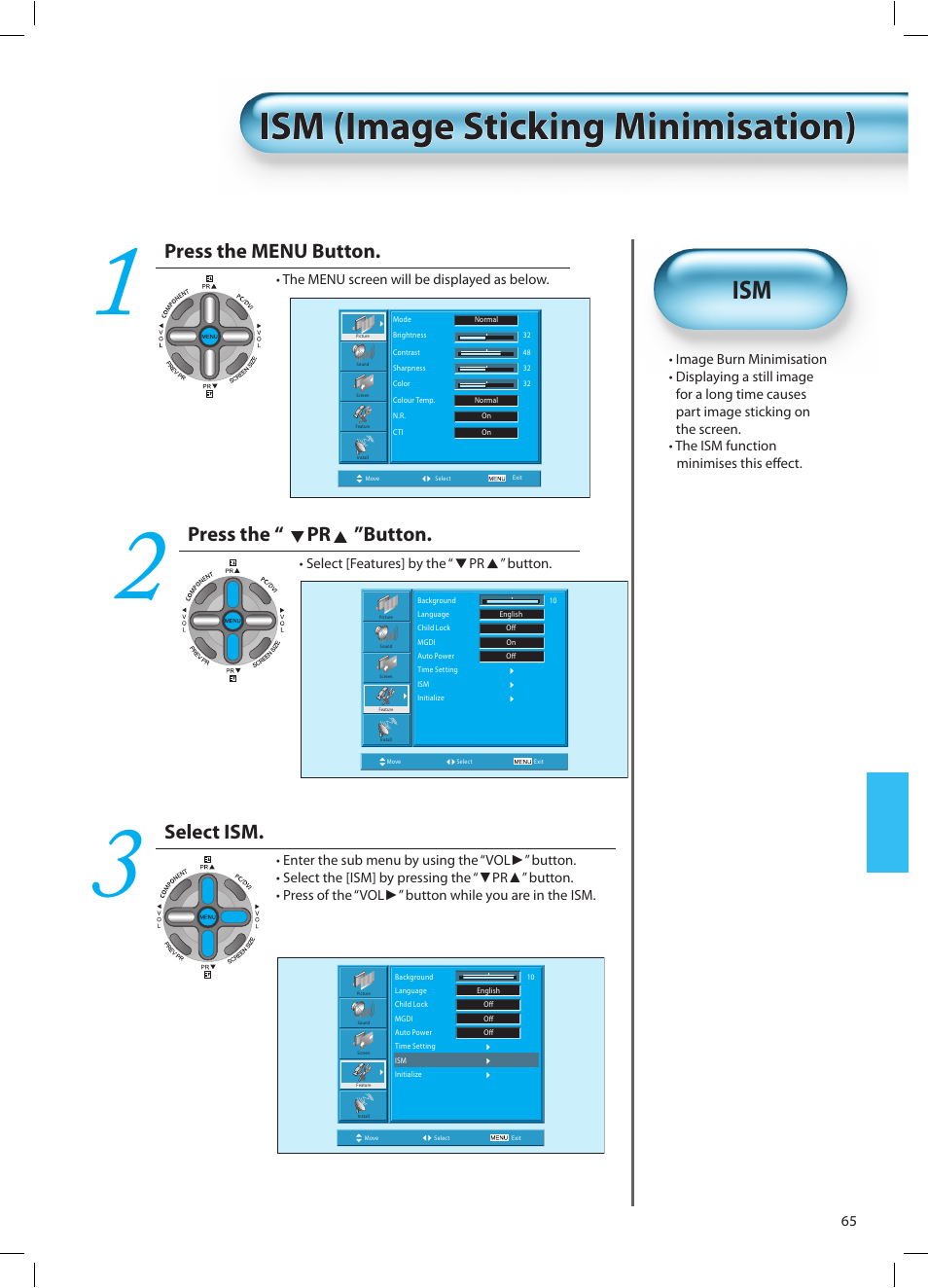 Ism (image sticking minimisation), Press the menu button, Press the “ pr ”button | Select ism | Daewoo DT-42A1 User Manual | Page 64 / 72