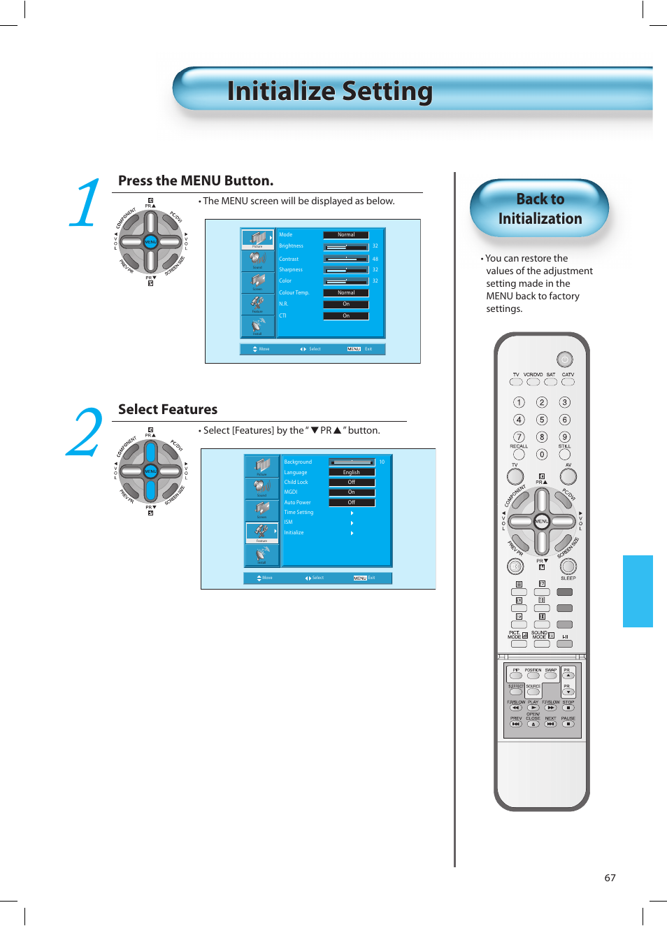 Initialize setting, Back to initialization, Press the menu button | Select features | Daewoo DT-42A1 User Manual | Page 66 / 72