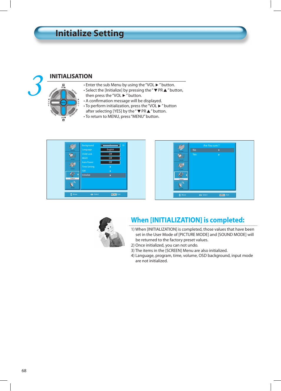 Initialize setting, When [initialization] is completed, Initialisation | Daewoo DT-42A1 User Manual | Page 67 / 72