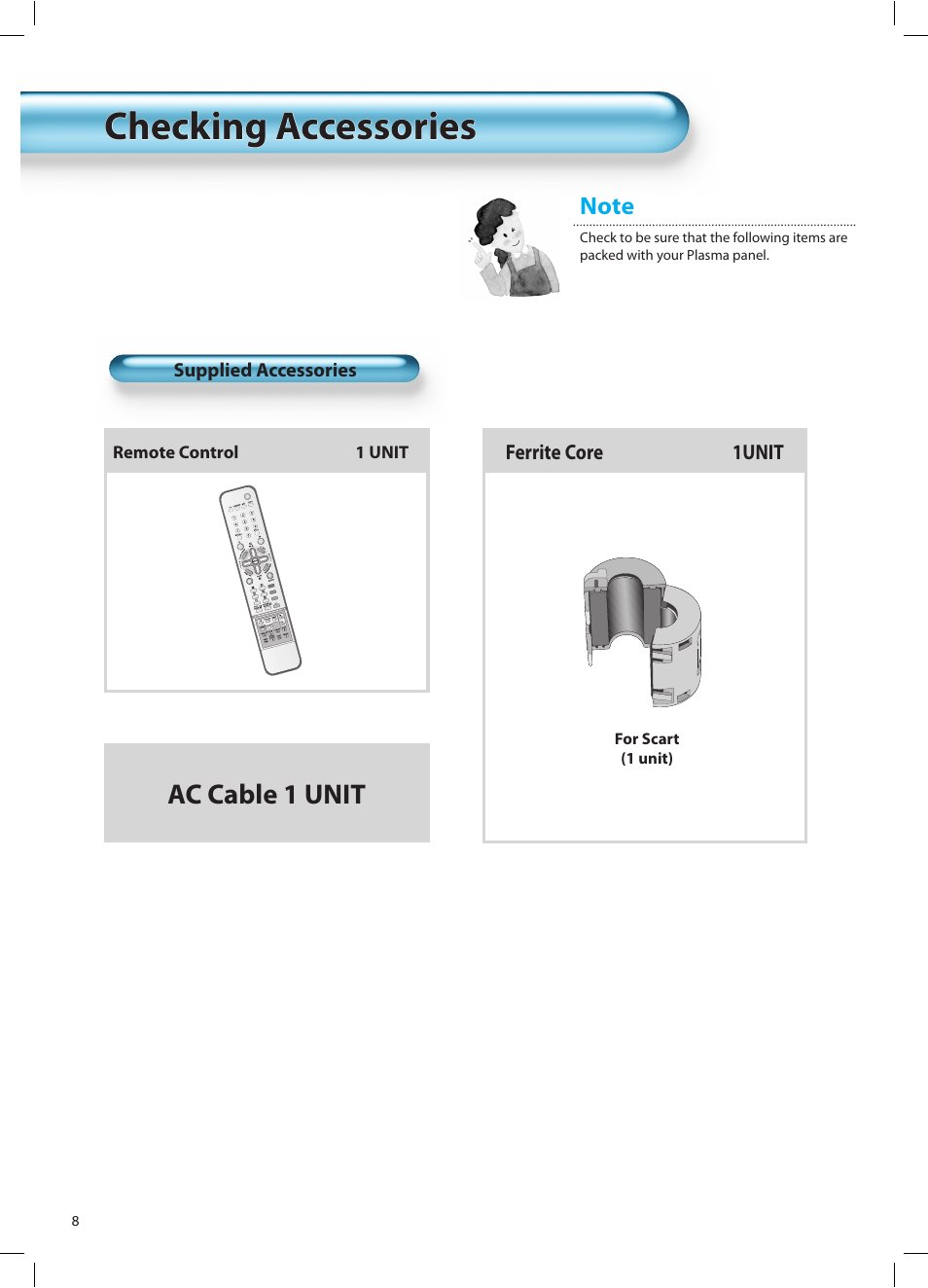 Checking accessories, Ac cable 1 unit | Daewoo DT-42A1 User Manual | Page 7 / 72