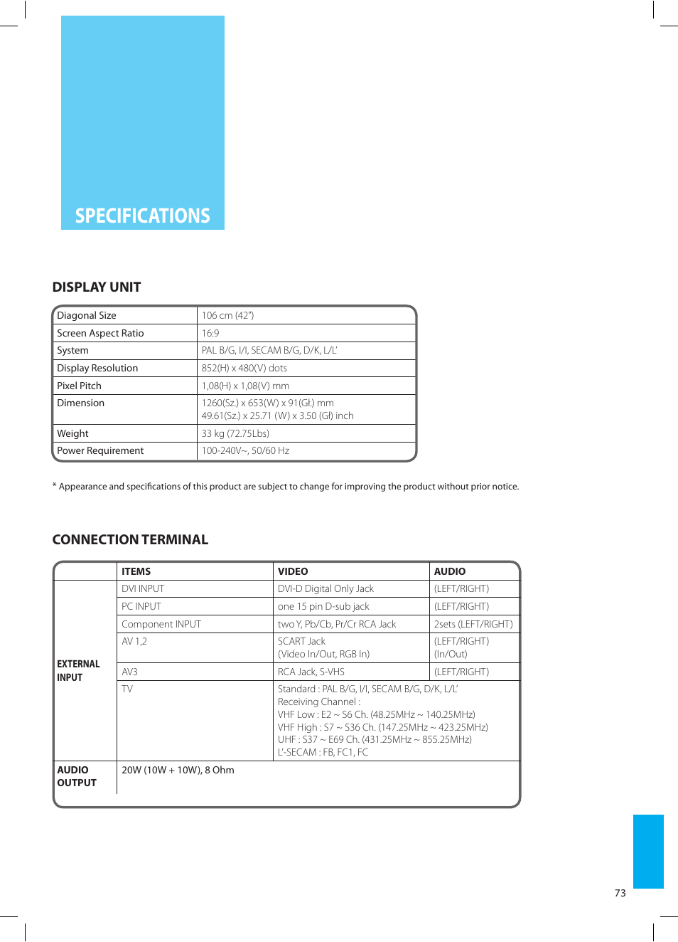 Specifications, Display unit, Connection terminal | Daewoo DT-42A1 User Manual | Page 72 / 72