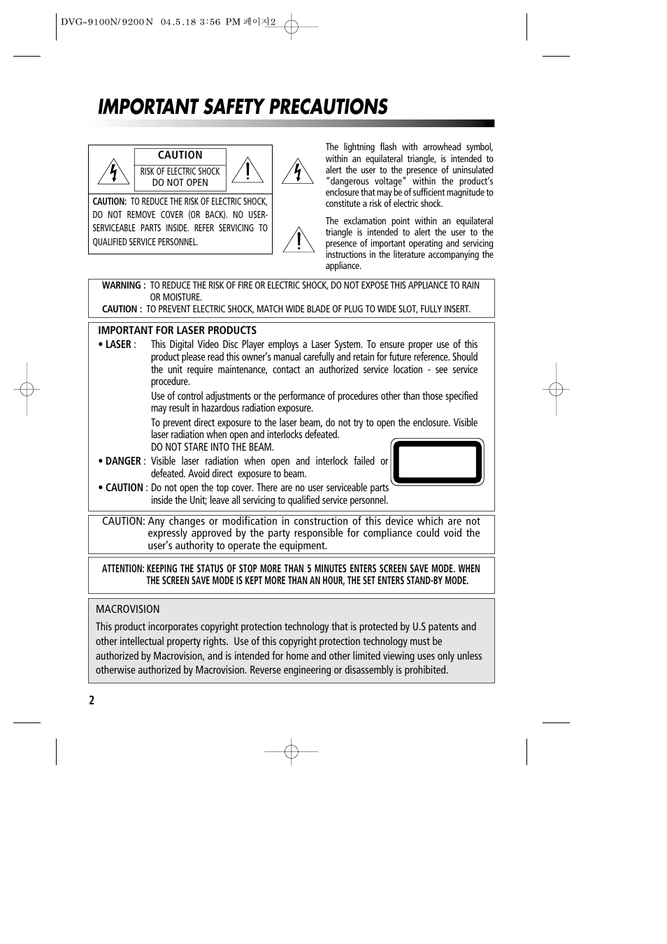 Important safety precautions | Daewoo DVG-9100N User Manual | Page 3 / 37