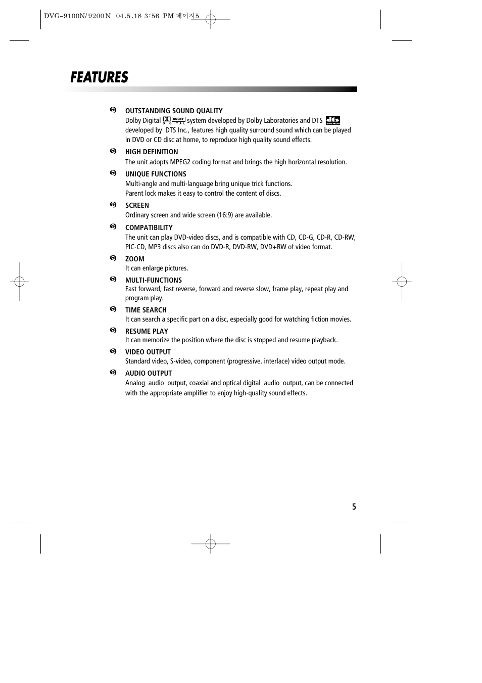 Features | Daewoo DVG-9100N User Manual | Page 6 / 37