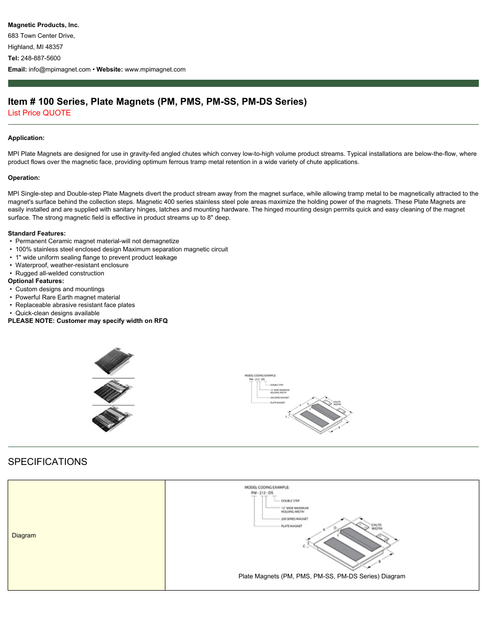 Magnetic Products 100 Series, Plate Magnets User Manual | 2 pages