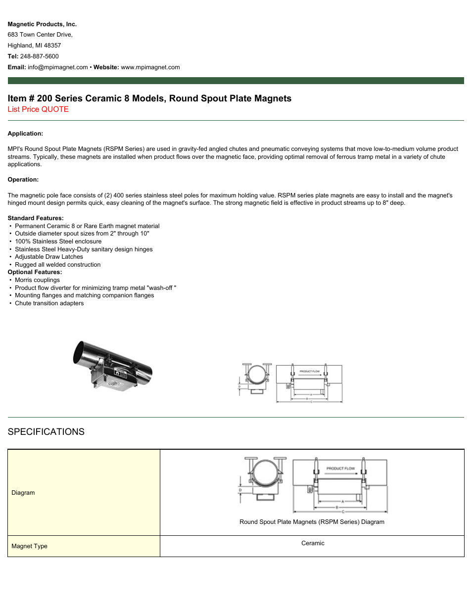 Magnetic Products 200 Series Ceramic 8 Models, Round Spout Plate Magnets User Manual | 2 pages