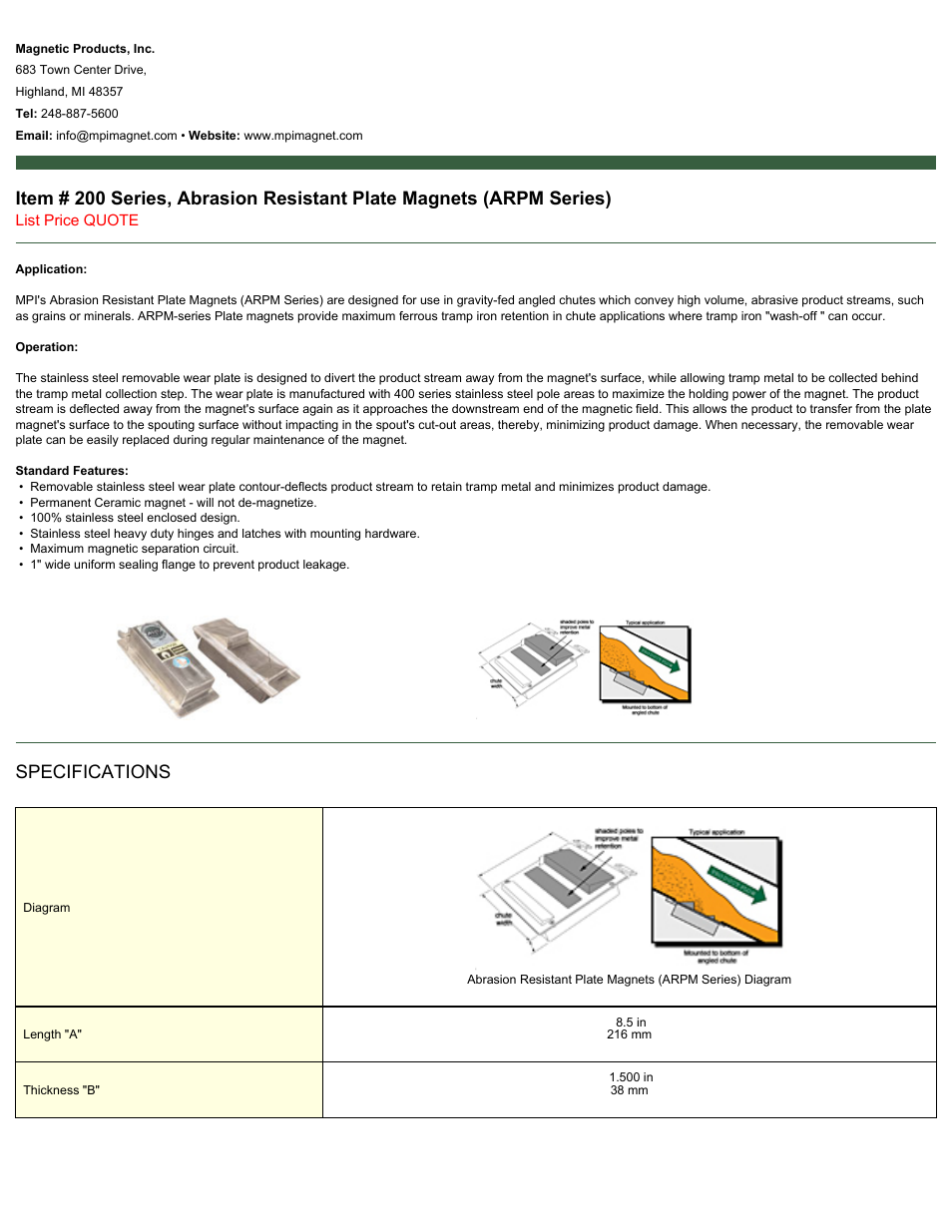 Magnetic Products 200 Series, Abrasion Resistant Plate Magnets User Manual | 2 pages