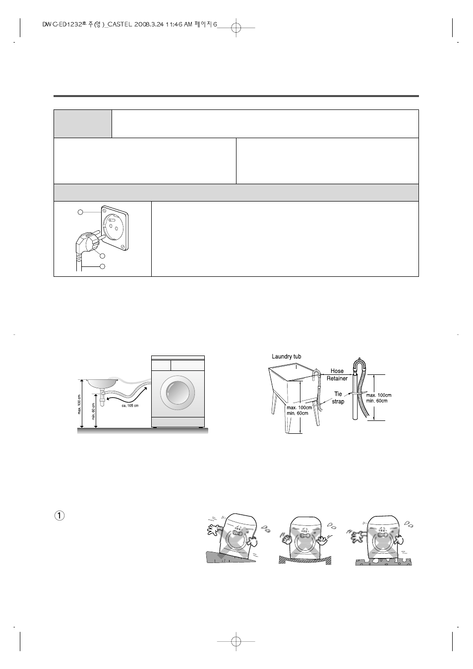 Electrical requirements, Drain system, Level adjustment | Daewoo DWC-ED1232 User Manual | Page 6 / 30
