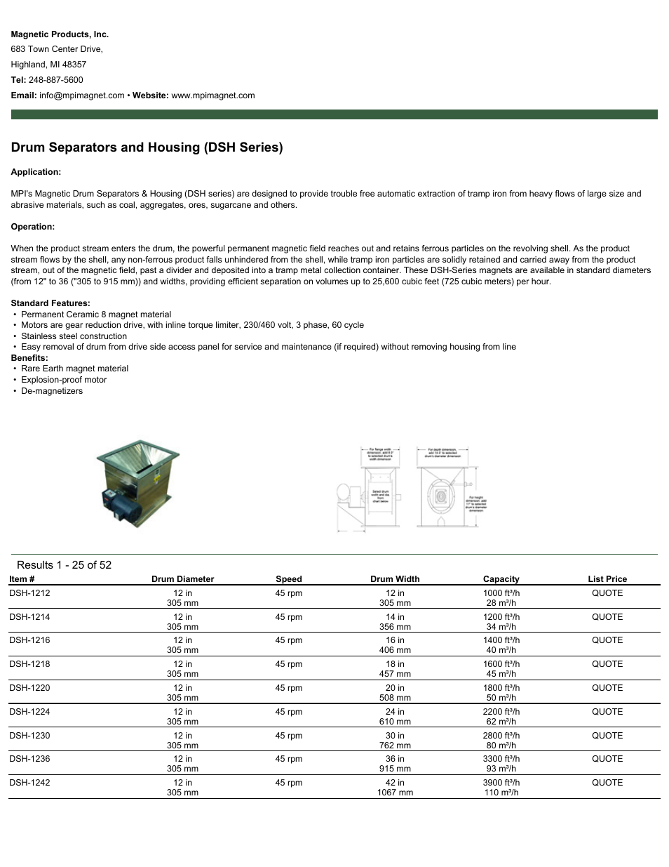 Magnetic Products DSH Series Drum Separators and Housing User Manual | 2 pages