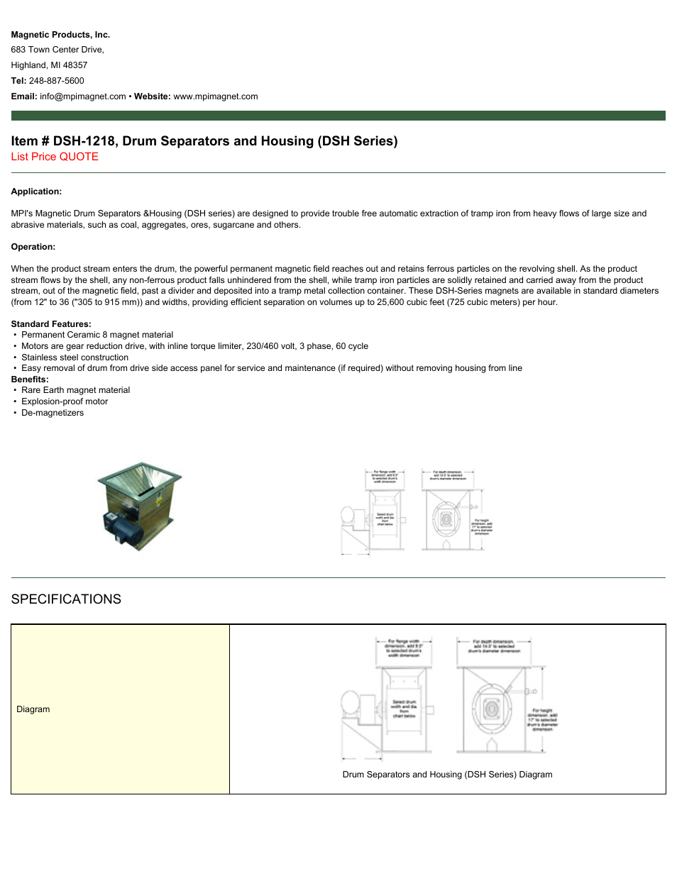 Magnetic Products DSH-1218 User Manual | 2 pages