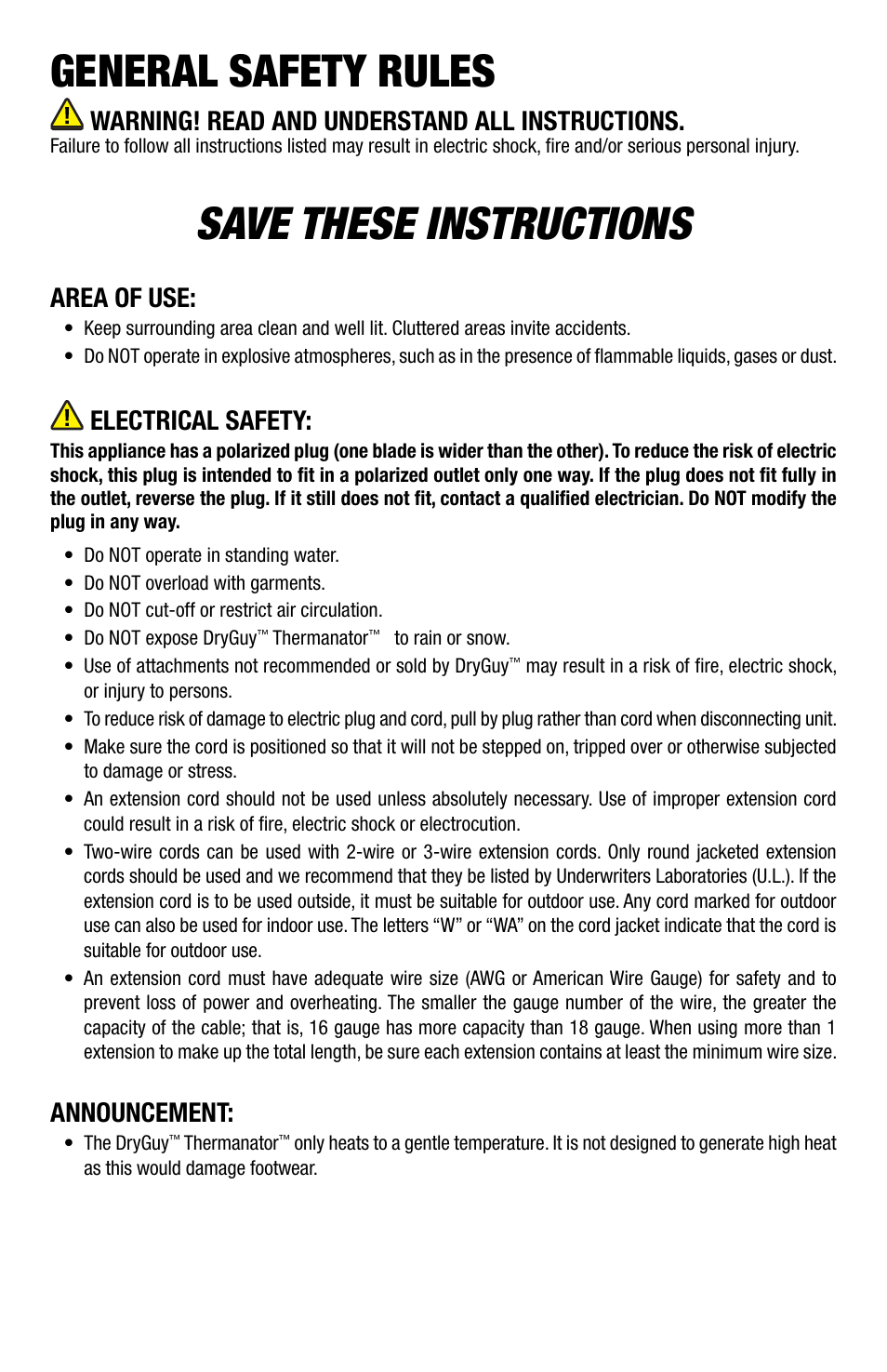 General safety rules, Save these instructions, Operating instructions | List of components, Assembly and mounting instructions, Warning! read and understand all instructions, Area of use, Electrical safety, Announcement, Helpful tips | DryGuy THERMANATOR DG2 User Manual | Page 2 / 8