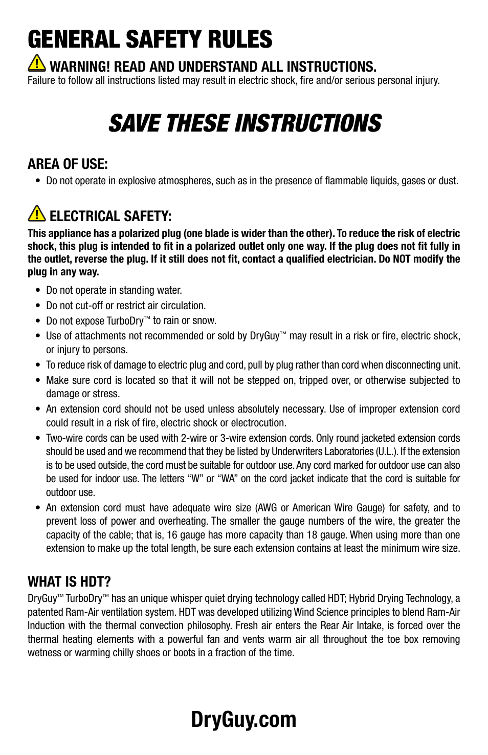 General safety rules, Save these instructions, Operating instructions | Warning! read and understand all instructions, Area of use, Electrical safety, What is hdt, Helpful tips, Operation time, Maintenance | DryGuy DG00301 User Manual | Page 2 / 4