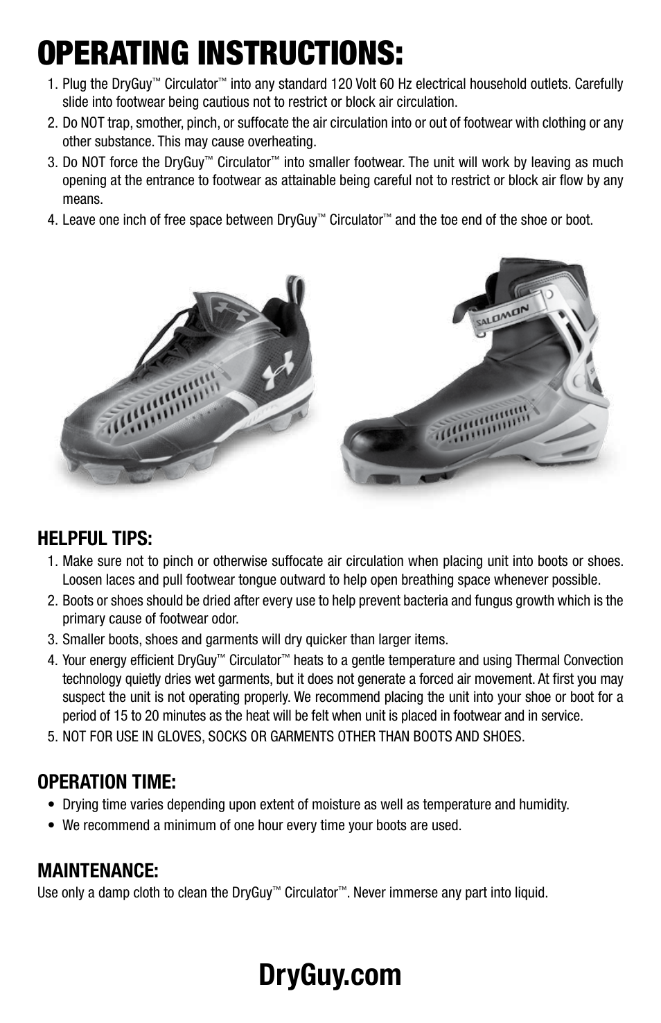 General safety rules, Save these instructions, Operating instructions | Warning! read and understand all instructions, Area of use, Electrical safety, Helpful tips, Operation time, Maintenance | DryGuy CIRCULATOR DG10 User Manual | Page 3 / 4