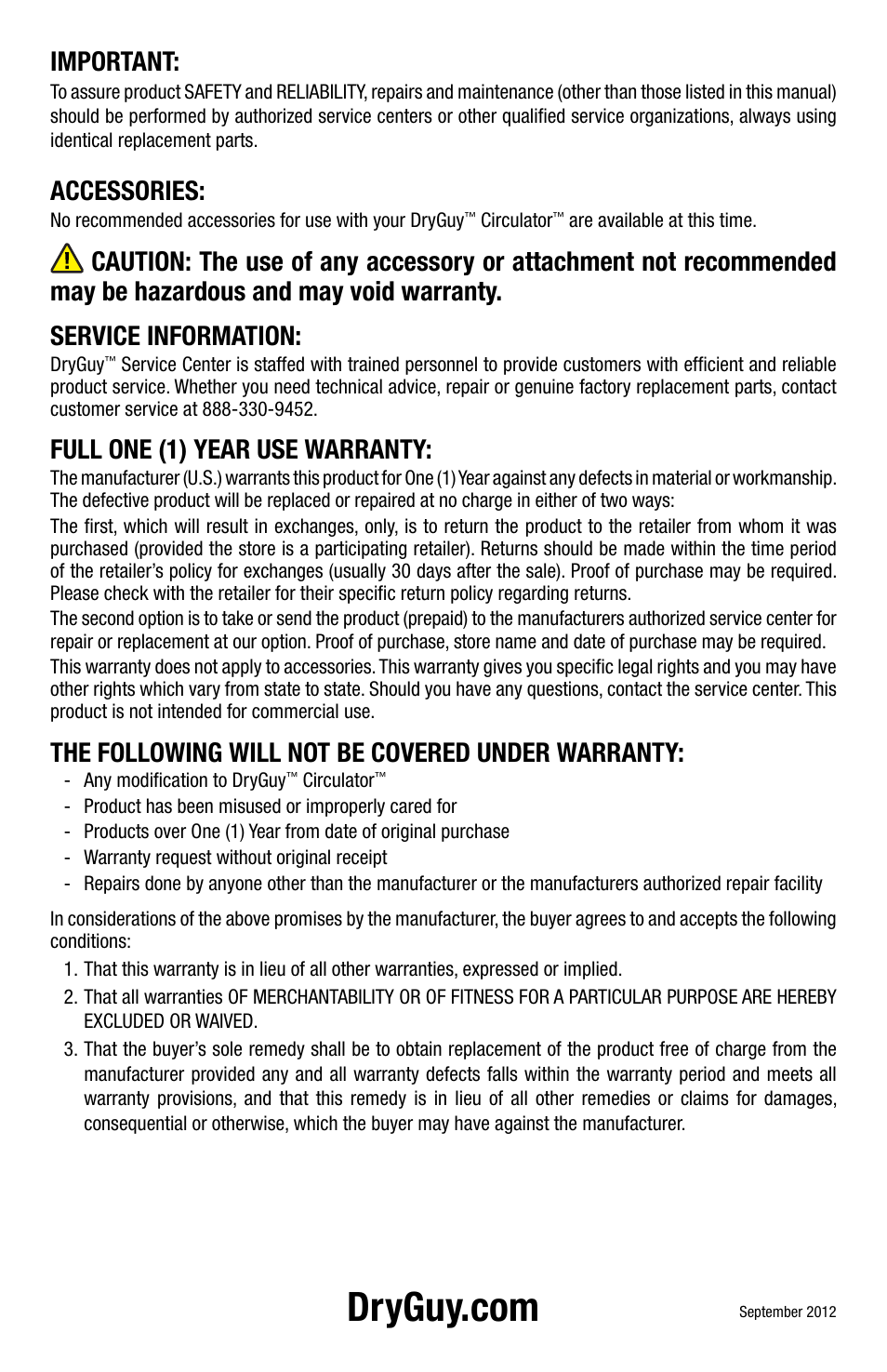 Instruction manual, Circulator, Dg10 boot | Shoe dryer, Important, Accessories, Full one (1) year use warranty, The following will not be covered under warranty | DryGuy CIRCULATOR DG10 User Manual | Page 4 / 4