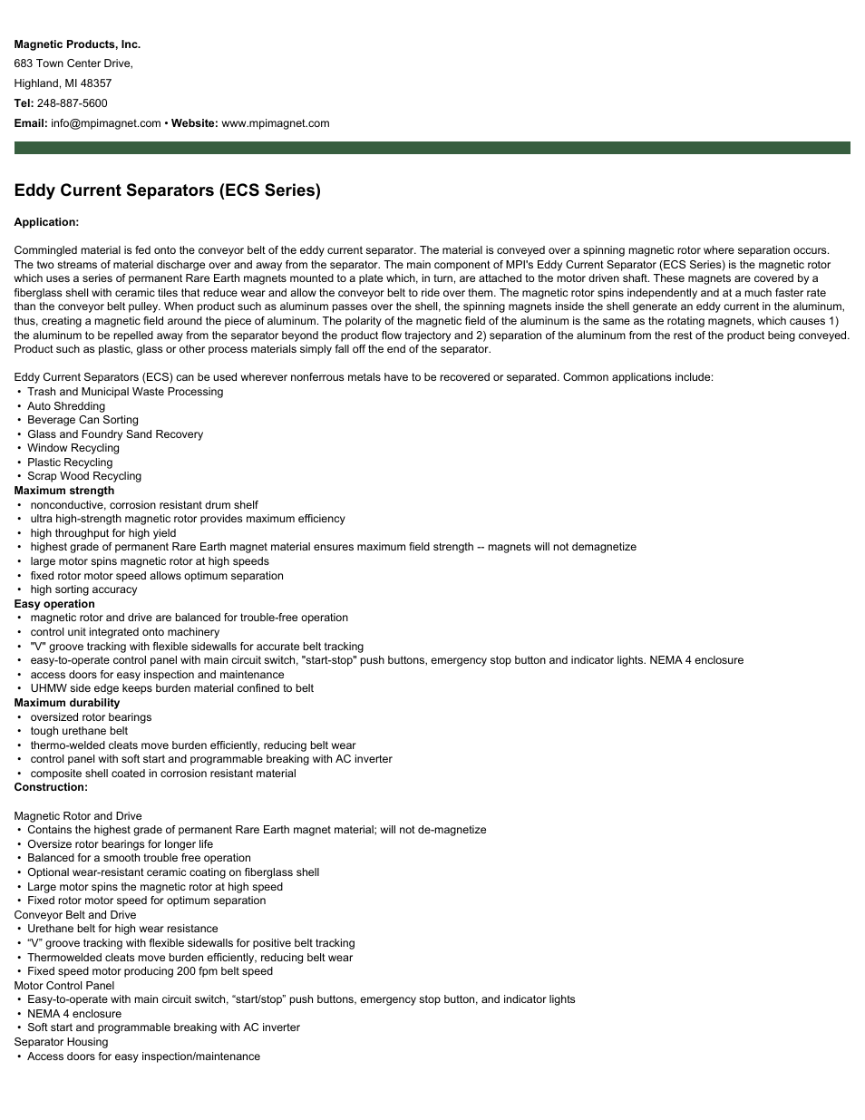 Magnetic Products ECS Series User Manual | 2 pages