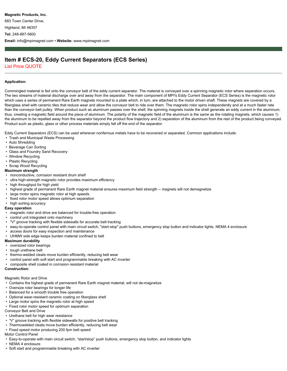 Magnetic Products ECS-20 User Manual | 2 pages