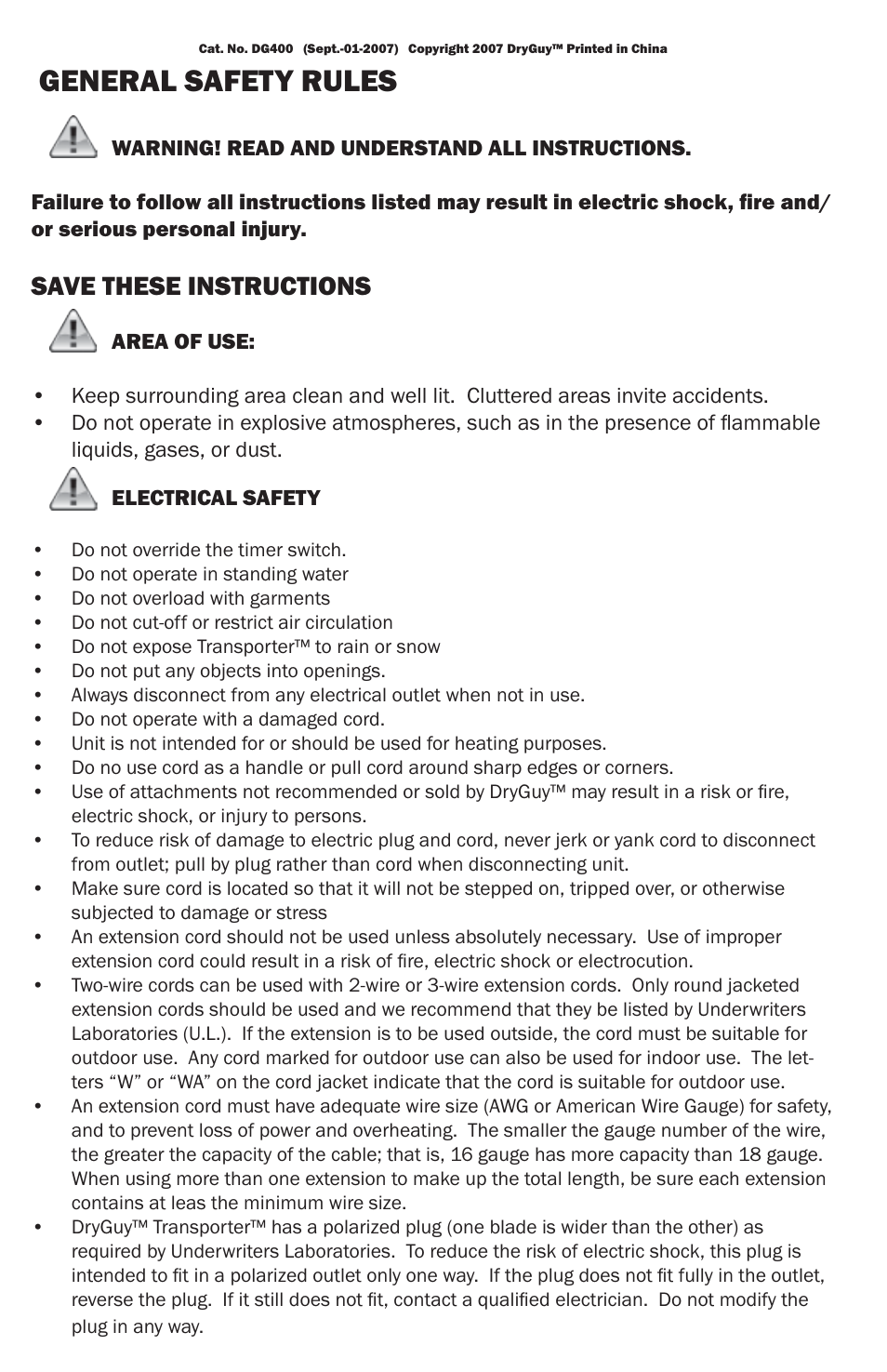 General safety rules, Operating instructions, Save these instructions | DryGuy TRANSPORTER DG00401 User Manual | Page 2 / 4