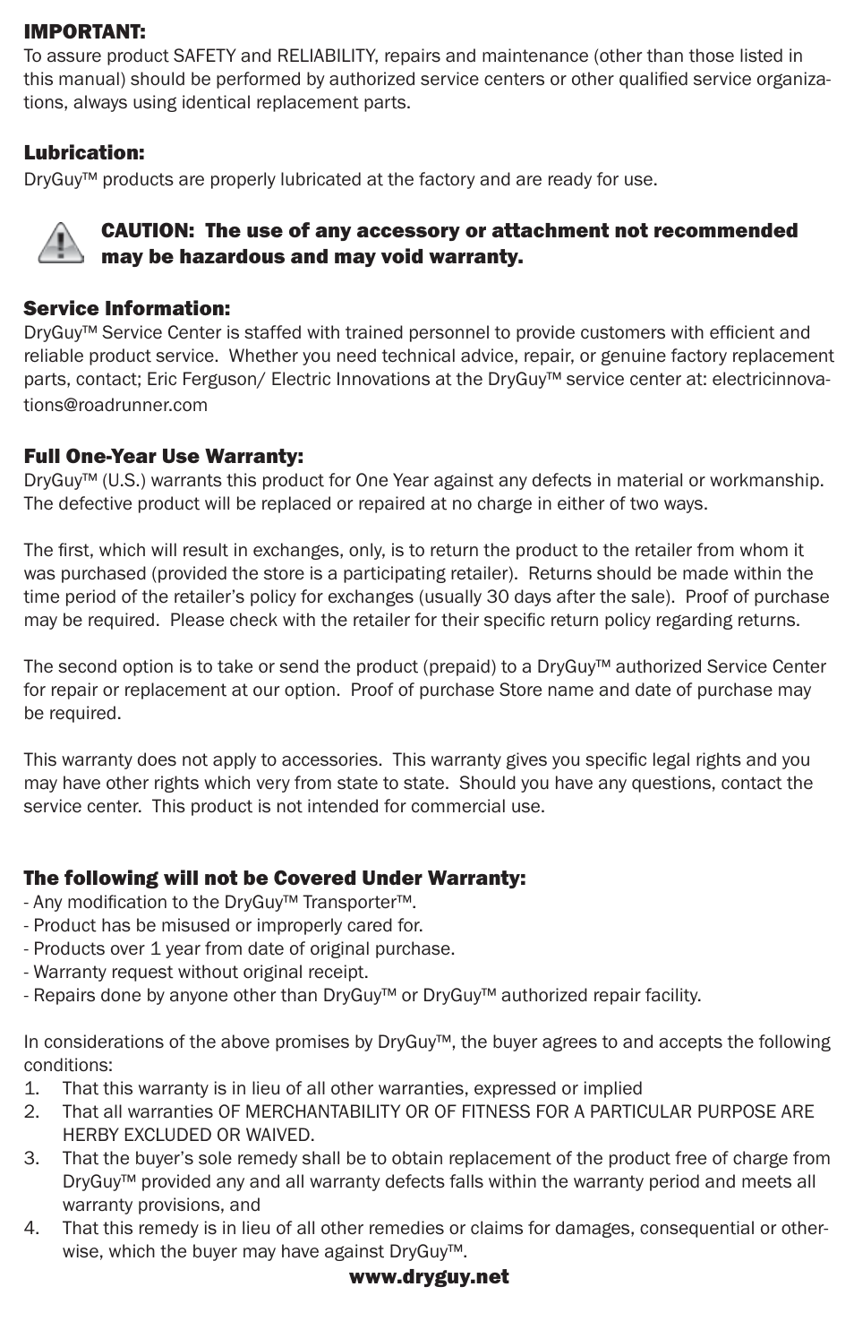 Instruction manual | DryGuy TRANSPORTER DG00401 User Manual | Page 4 / 4