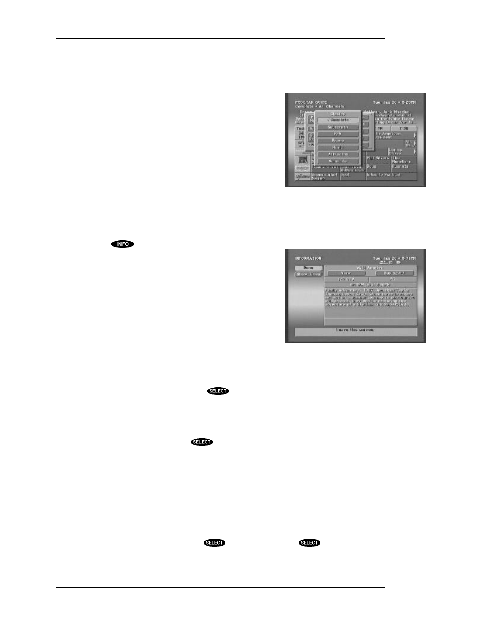 The information screen, Class filters, Done | View, Preselect | DirecTV HIRD-B1 User Manual | Page 50 / 74