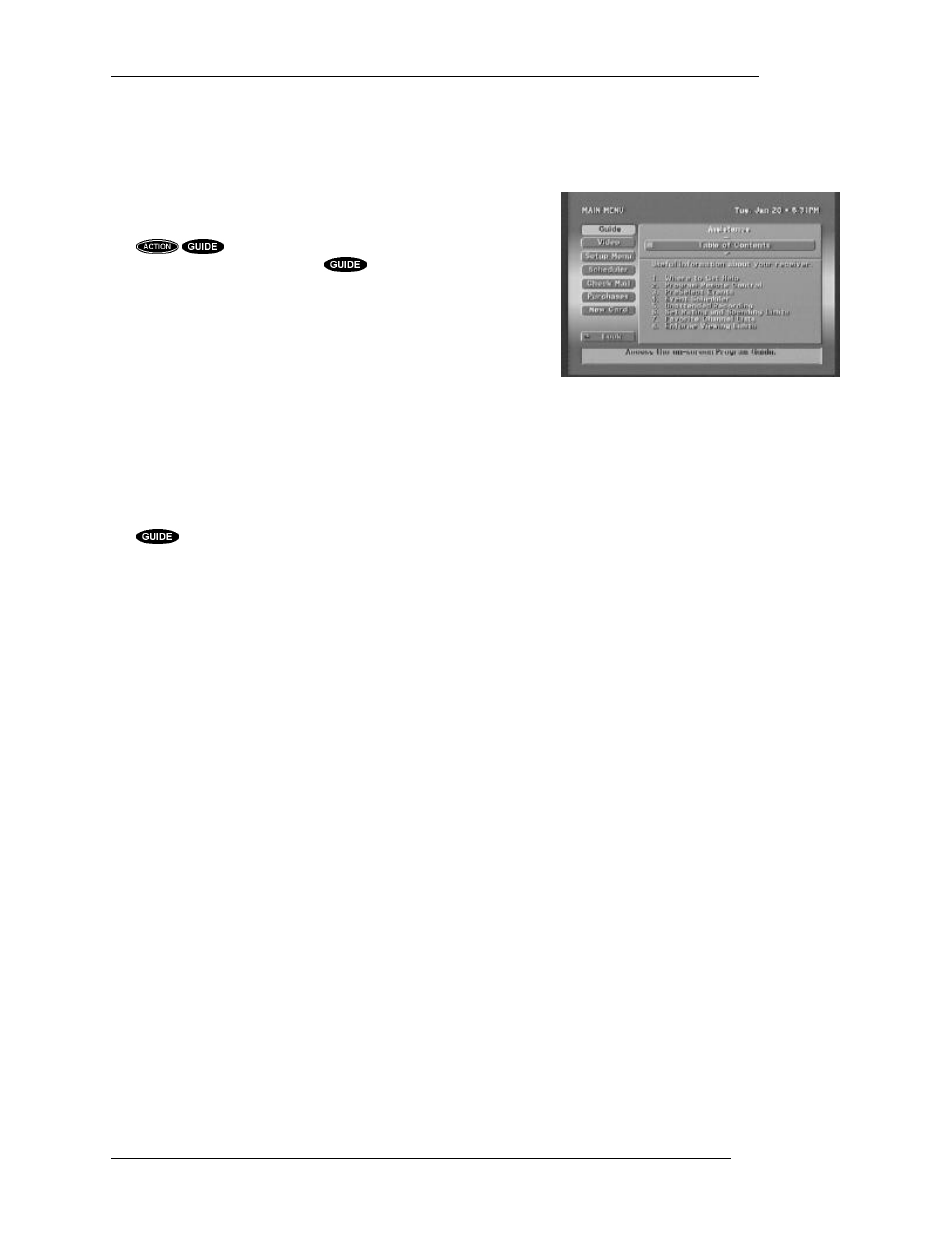 Main menu, Places to go from the main menu, Guide | Setup menu, Scheduler, Check mail, Purchases, New card | DirecTV HIRD-B1 User Manual | Page 54 / 74