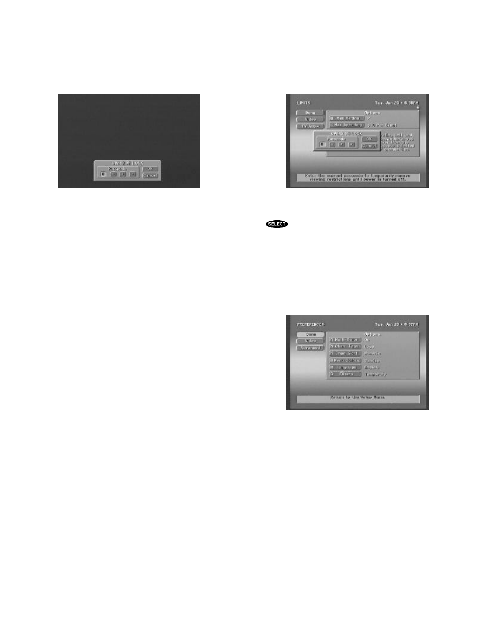 Preferences, Places to go from the preferences screen, Things to do on the preferences screen | Temporarily overriding the lock, Advanced, Multicolor | DirecTV HIRD-B1 User Manual | Page 60 / 74