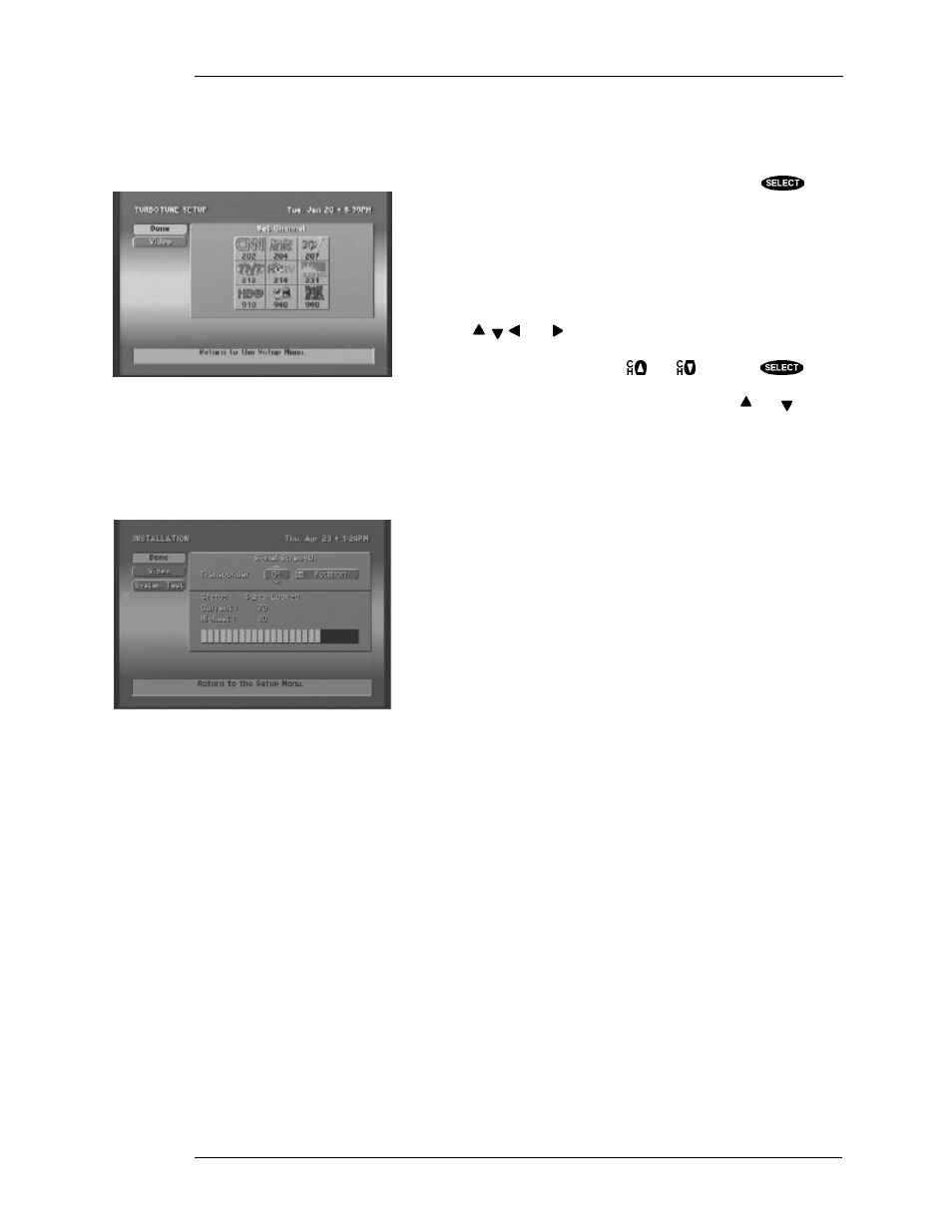 Turbotune, Installation, Things to do on the turbotune setup screen | Places to go from the installation screen, Things to do on the installation screen, Set channel, System test, Transponder | DirecTV HIRD-B1 User Manual | Page 65 / 74