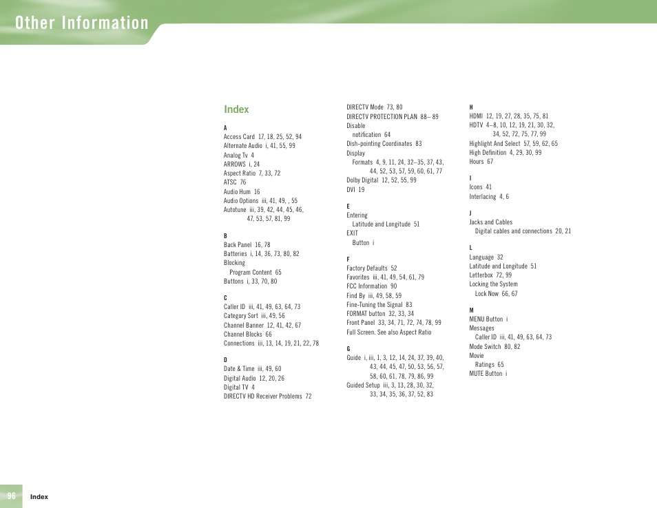 Other information, Index | DirecTV H10 User Manual | Page 100 / 104