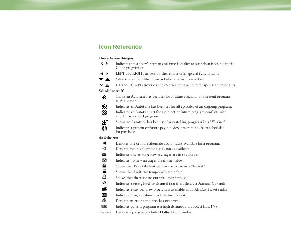 Icon reference | DirecTV H10 User Manual | Page 103 / 104