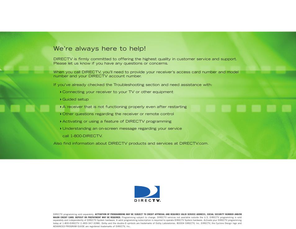 We’re always here to help | DirecTV H10 User Manual | Page 104 / 104